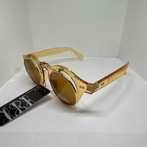 Retro Flip Up Round Sunglasses Yellow Lens Yellow Frame UV Protection